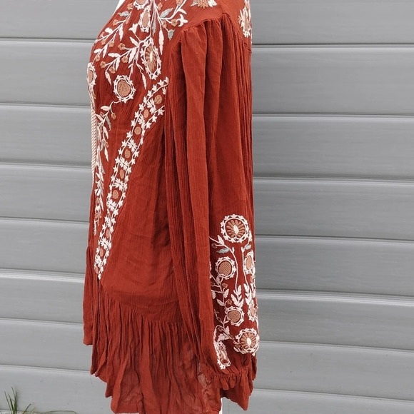 Free People Wild Dreams Embroidered Tunic Top Dress Rust Long Sleeve Peplum S - Picture 4 of 9